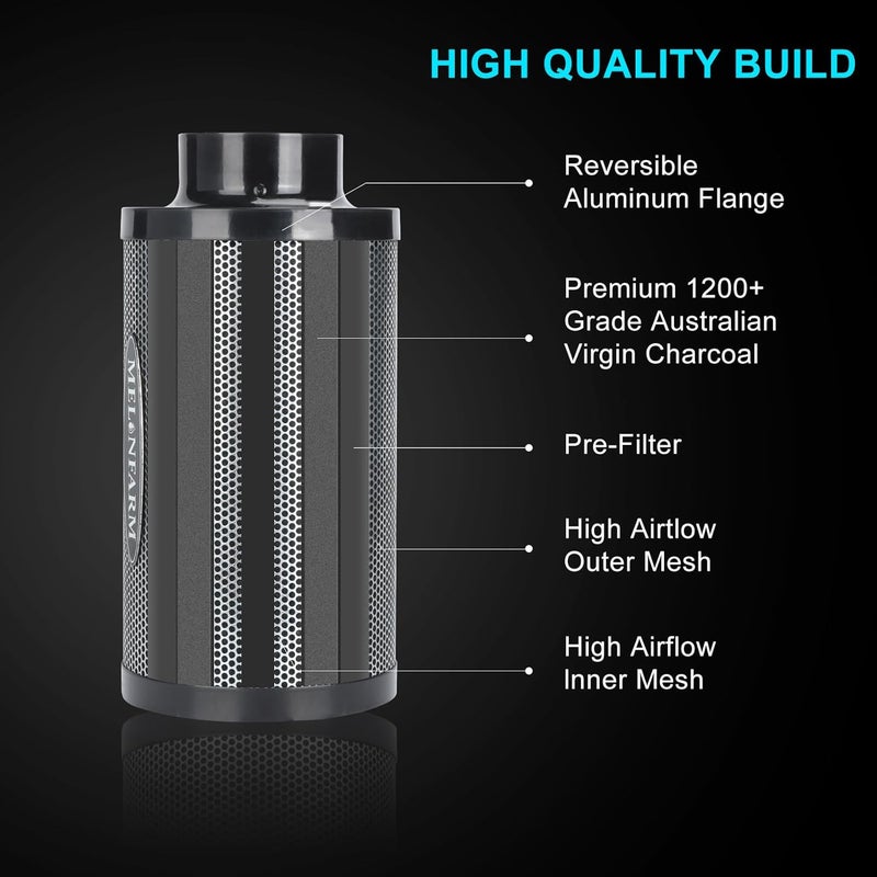 MELONFARM Air Filtration Kit 4", Built-in 14cm Fan Low Nois Carbon Filter with 12-Speed Controller, 8' Ducting & 6" Vent Cover, Cooling & Ventilation System for Grow Tents, Indoor Gardening 4" x 11" - Image 2